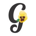 Letter G with single yellow pansy flower isolated on white background