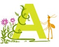 Letter A with green grass vines and orange ant