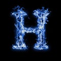 Letter H. Blue fire flames on black