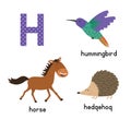 Letter H. Cartoon alphabet for children. vector illustration animal horse, hedgehog, Hummingbird