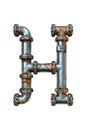 The letter H created by arranging metal pipes in a structured pattern against a neutral background. Isolated letter H