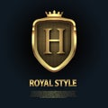 Letter H on the shield with crown isolated on dark background. Golden 3D initial logo business vector template. Luxury Royalty Free Stock Photo