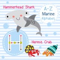 Letter H tracing. Hermit Crab. Hammerhead Shark. Marine alphabet