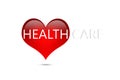 Letter healthcare on red heart on white background