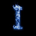 Letter I. Blue fire flames on black Royalty Free Stock Photo