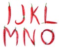 The letter I, J, K, L, M, N, O, composed of red chili peppers