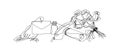 Letter with inkwell, feather, roses and post pigeon continuous line drawing. One line art of letter, bow, romantic, 14