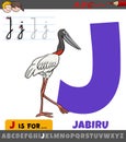 Letter J from alphabet with cartoon jabiru bird animal character