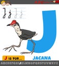 Letter J from alphabet with cartoon jacana bird animal character