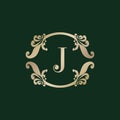 Letter J Alphabet Logo with Luxury Decorative Golden Frame. Elegant Curl Floral Ornament Royalty Free Stock Photo