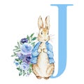 Letter J blue with watercolor cute rabbit with flowers