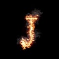 Letter J burning in fire with smoke, digital art isolated on black background, a letter from alphabet set Royalty Free Stock Photo