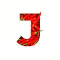 Letter J of English alphabet of hot red chili pepper and cut paper isolated on white. Font of spicy vegetables