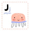 Letter J. Funny Alphabet for young children. Learning English for kids concept with a font in black capital letters in