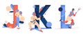 Letter J for jogging K for karate and L for lacrosse game. Educational collection with female characters doing sport activities