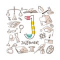 Letter J - Judgement, cute alphabet series in doodle style