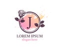 Letter J monogram logo. Circle floral style with beautiful roses. Feminine Icon Design