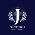 Letter J in the Sunlight. Coat of Arms with a Floral Wreath. Art Logo Design. Luxurious Monogram for Personal or Family Emblem,