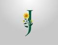 Letter J vector alphabet with sunflower. Flower Plant Logo Icon. Typography design