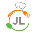 Letter JL Restaurant Logo with Chef Hat Spoon And Fork Template. Restaurant Logo On Letter JL Barbecue, Cafe Logo Vector Royalty Free Stock Photo