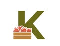 letter k with apple crate. creative fruit alphabet logotype. harvest and gardening design