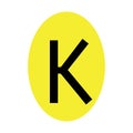 The letter K is black in color with a yellow ellipse frame