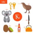 Letter K. Cartoon alphabet for children. Koala, key, kettle, ketchup, kiwi, knife