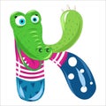 Letter K in the form of a colorful crocodile in a vest and blue pants.