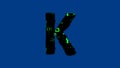 Letter K - hi-tech cyber punk black and green alphabet on blue, isolated - object 3D illustration