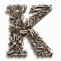 Letter K made of many keys, isolated on white, design element, for design, decor, children\'s illustration