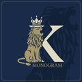 Letter K with Roaring Lion. Artistic Design. Crown is at the Top. Creative Logo with Royal Character. Luxury Style. Silhouette of