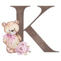 Letter K with watercolor cute teddy bear