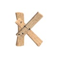 Letter K wood board font. plank and nails alphabet. Lettering of