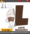 Letter L from alphabet with cartoon latte macchiato drink