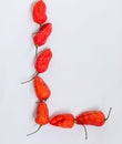 Letter L alphabet made with Ghost pepper Bhoot jolokia over white background