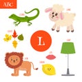 Letter L. Cartoon alphabet for children. Lion, lamb, lamp, leave