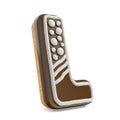 Letter L chocolate Christmas gingerbread font decorated with white lines and points. 3D