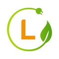 Letter L Green Energy Electrical Plug Logo Template. Electrical Plug Sign Concept with Eco Green Leaf Vector Sign Royalty Free Stock Photo