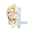 Letter L, lion and lily, cute kids colorful animals and flower ABC alphabet. Watercolor illustration isolated on white