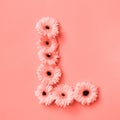 Letter L made from flowers gerbera on a color background of the year 2019 Living Coral Pantone. Part of the word LOVE Royalty Free Stock Photo