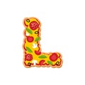 Letter L pizza font. Italian meal alphabet. Lettring fast food