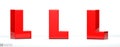 Letter L, of red color in 3 positions. 3d Render illustration at different angles: Front, right side, left side.i