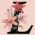 Letter L vector logo monogram with pink lily flowers. Royalty Free Stock Photo