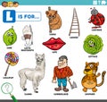 Letter l words educational set with cartoon characters Royalty Free Stock Photo