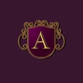 A letter logo heraldry. Gold letter A on a dark purple shield with curls.