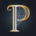 Letter logo P. Vector. ABC. Golden alphabet on a dark background. Collection of vector letters. Heraldic symbol.