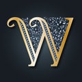 Letter logo W. Vector. ABC. Golden alphabet on a dark background.