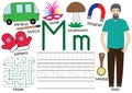 Letter M. Alphabet. English language. Writing practice.