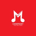 Letter M Alphabet Music Logo Design isolated on Red Background. Initial, Musical Note, Quaver, Eighth Notes logo concept. Monogram Royalty Free Stock Photo