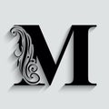 Letter M. Black flower alphabet. Beautiful capital letters with shadow